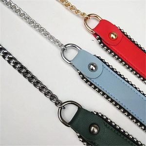 Detailed view of replacement purse straps with leather and colorful metal chain links