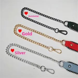 Close-up of colorful metal replacement bag chains in gunmetal, gold, and silver finishes