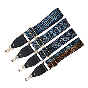 Adjustable wide replacement bag straps with ethnic patterns and gold metal buckles