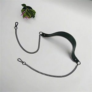 Dark green leather shoulder strap with studs and gunmetal chain for handbags