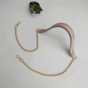 Pink leather shoulder strap with gold metal chain links and lobster clasps for handbags