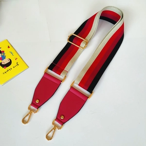 Detail of adjustable wide nylon bag strap with colorful stripes and gold metal hooks