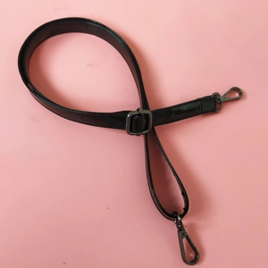 Adjustable black PU leather shoulder strap with dark gray gunmetal buckles and hooks