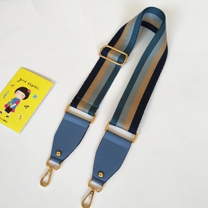 Detailed view of adjustable nylon strap with colorful stripes and gold metal clips