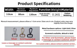 Size chart for adjustable 3.8cm wide cotton bag strap with length from 80cm to 130cm