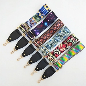 Adjustable colorful wide shoulder straps for bags with ethnic patterns and gold buckles