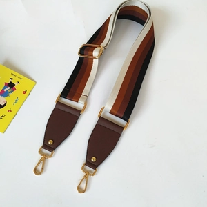 Adjustable wide woven shoulder strap with retro stripes and gold metal buckles