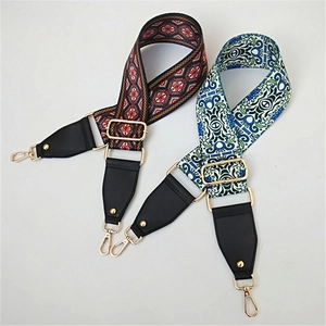 Detail of adjustable embroidered wide straps with geometric patterns and gold metal clips