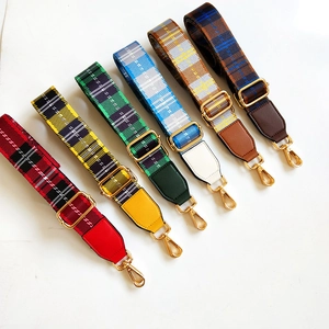 Adjustable plaid fabric wide bag straps with gold metal hardware in various colors