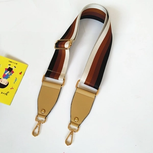 Detail of adjustable vintage striped woven strap with premium gold metal hardware and leather ends