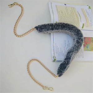 Faux fur wide shoulder strap replacement with gold metal chain and gray plush padding