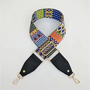Detail of adjustable colorful woven strap with ethnic geometric patterns and gold metal hardware