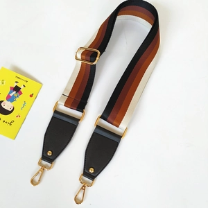 Detail of colorful striped nylon shoulder strap with golden metal lobster clasps