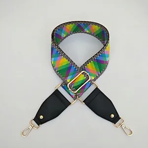 Close-up of adjustable colorful geometric woven bag strap with golden lobster clasps