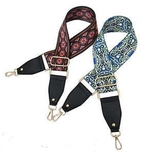 Ethnic style adjustable wide shoulder strap with jacquard weaving and gold metal hooks