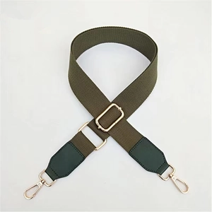 Adjustable olive green canvas shoulder strap with dark green leather ends and gold hooks