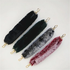 Faux fur handbag straps in black, green, and wine red with gold lobster clips