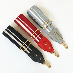 Detail of 5cm adjustable striped canvas straps with gold metal buckles in three colors