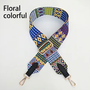 Detail of adjustable wide shoulder strap with colorful ethnic jacquard and gold metal hooks
