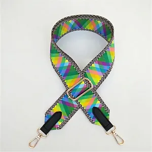 Detail showing colorful geometric wide strap with gold metal hooks and leather accents
