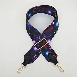 Detailed view of the universe pattern fabric shoulder strap with gold metal hooks