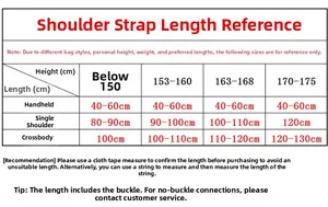 Detailed sizing chart for faux fur shoulder strap length based on height and style