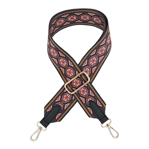 Adjustable wide canvas bag strap with colorful ethnic embroidery and gold metal hooks
