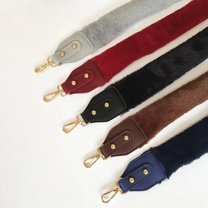 Plush faux rabbit fur replacement bag straps with gold metal clips in multiple colors
