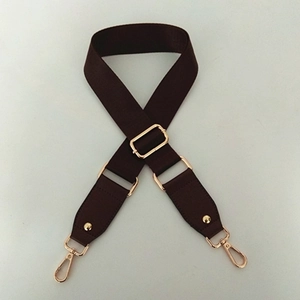 Adjustable dark brown wide woven shoulder strap with polished gold metal swivel hooks