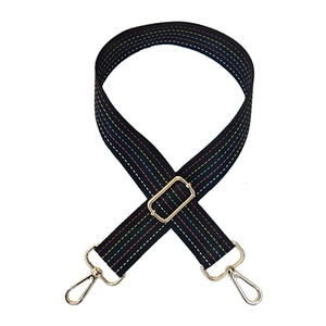 Adjustable wide woven bag strap with colorful stripes and gold metal buckles