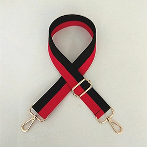 Bandoulière réglable tissée avec rayures rouges et noires et crochets en métal doré