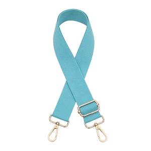 Adjustable sky blue thick woven shoulder strap with light gold metal swivel hooks