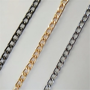 Detail shot of flat metal purse chains in gold, silver and gun black finishes