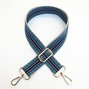 Detail of colorful ethnic woven handbag strap with gold metal buckle and lobster clasp