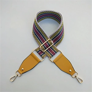 Détail de la bandoulière tissée réglable avec rayures colorées et boucles dorées