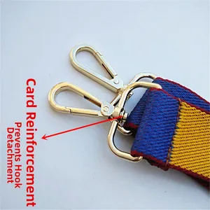 Detail view of reinforced golden spring clips and thick tricolor woven strap for bags