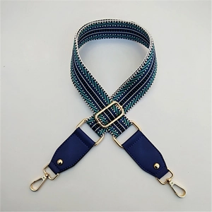 Detail of adjustable wide bag strap with blue and green geometric ethnic pattern