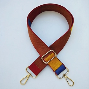 Detail of adjustable four-color woven shoulder strap with gold metal lobster clasps