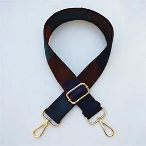 Detail view of adjustable wide checkered canvas strap with gold metal lobster clasps