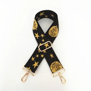 Adjustable wide replacement bag strap with golden pentagram stars on black jacquard fabric