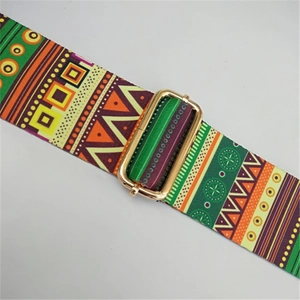 Wide colorful ethnic style bag strap with geometric patterns and golden metal buckles