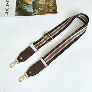 Adjustable retro woven strap for handbags with green red stripes and gold metal hooks