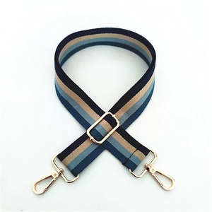 Adjustable wide canvas strap with tricolor stripes and golden swivel clasps for bags