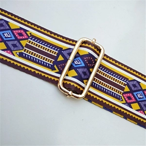 Ethnic style wide replacement shoulder strap with colorful geometric patterns and gold buckle