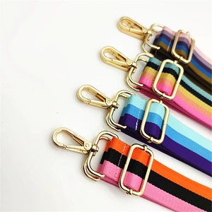 Close-up of adjustable thickened rainbow woven bag straps with premium gold metal hardware