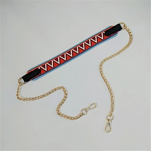 Ethnic wide fabric strap with golden metal chain and lobster clasps for handbags