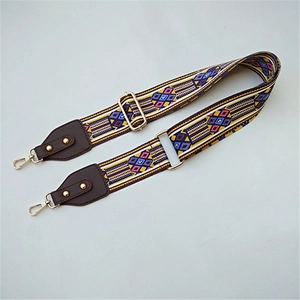 Close-up of adjustable ethnic pattern woven strap with gold lobster clasps and leather trim