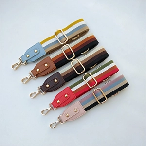 Ethnic style adjustable wide striped shoulder straps set with gold metal lobster clasps