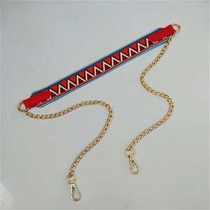 Colorful geometric weave shoulder strap with gold metal chain and swivel hooks