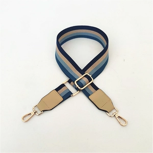 Detail of adjustable wide shoulder strap with navy and khaki stripe pattern